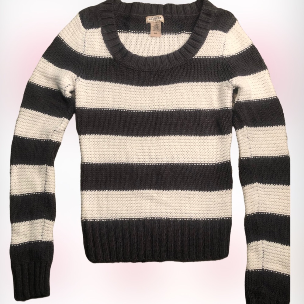 Arizona Super Cute METALLIC Dark Gray & Off White Stripe Sweater SZ L